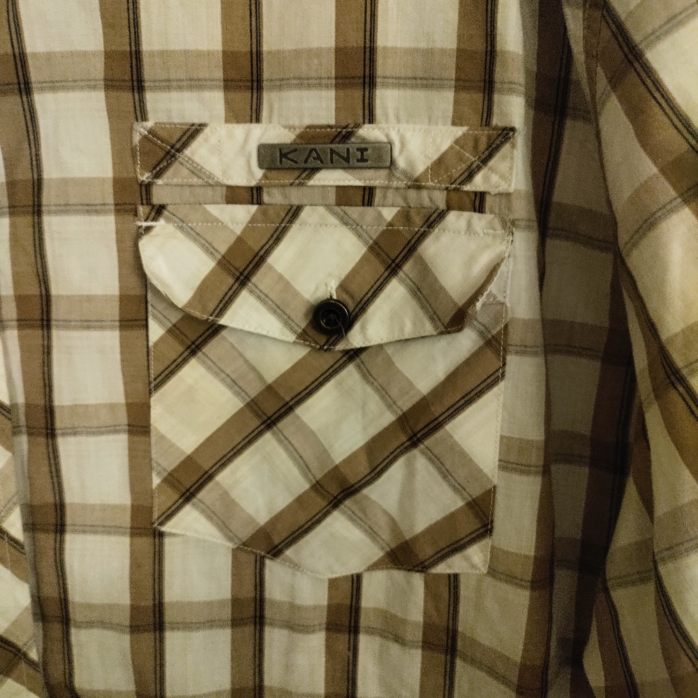 💸LAST CHANCE -KANI GOLD short sleeve beige plaid button down sz.2x-FINAL PRICE - Picture 2 of 4